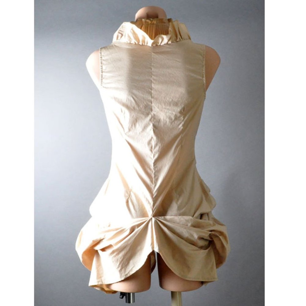 Khaki Beige Steampunk Gothic Tailcoat Evening Ruffle Top Womens Sleeveless Shirt - Picture 7 of 10